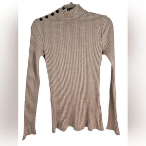 Theory Ribbed Mock Neck Sweater Scandi Style‎ Top Button Shoulder Oatmeal Beige